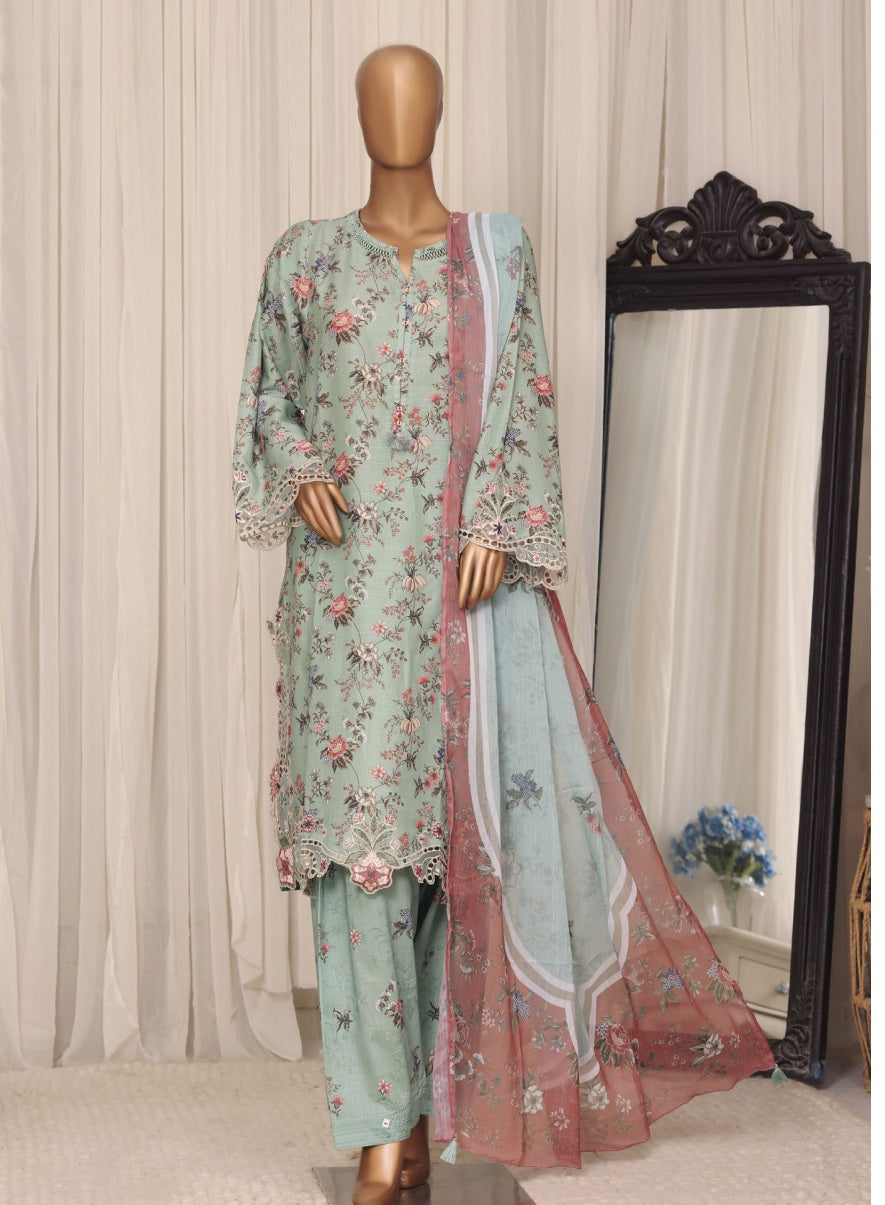 Sada Bahar Raya Mint Green stitched embroidered cotton suit — full outfit front view