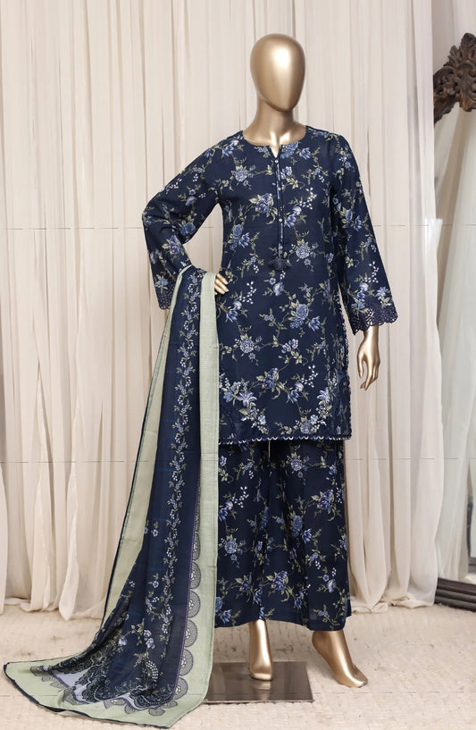 Sada Bahar Raya navy blue floral embroidered khaddar suit front view