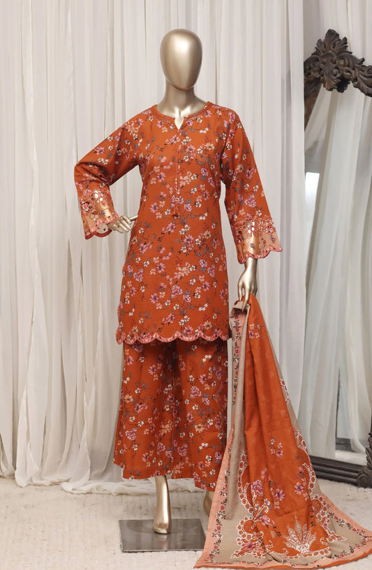 Sada Bahar Raya orange floral embroidered khaddar suit front view