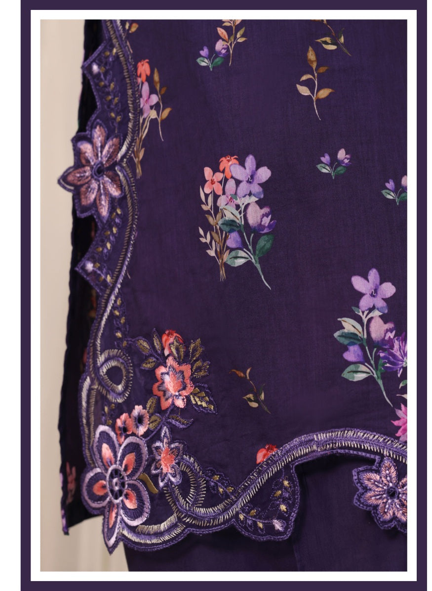 Sada Bahar Raya Deep Purple stitched embroidered cotton suit — embroidery detail