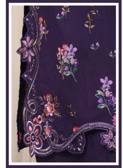 Sada Bahar Raya Deep Purple stitched embroidered cotton suit — embroidery detail