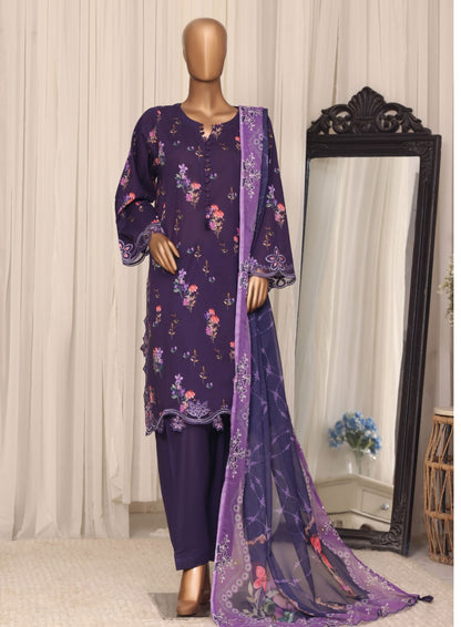 Sada Bahar Raya Deep Purple stitched embroidered cotton suit — full outfit front view