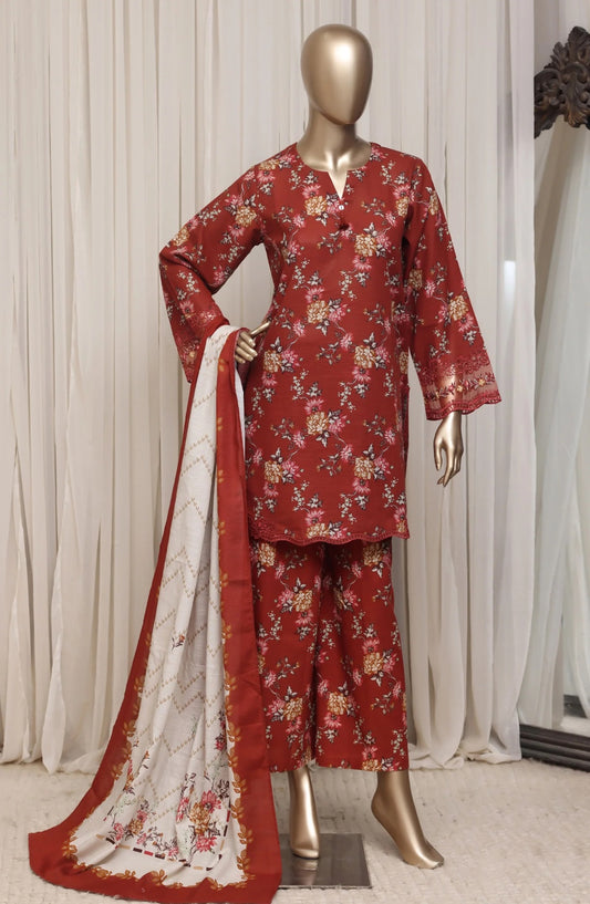 Sada Bahar Raya rust red floral embroidered khaddar suit front view