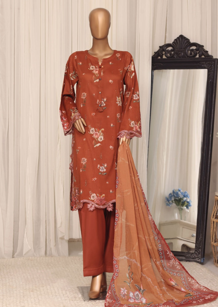 Sada Bahar Raya Rust stitched embroidered cotton suit — back view