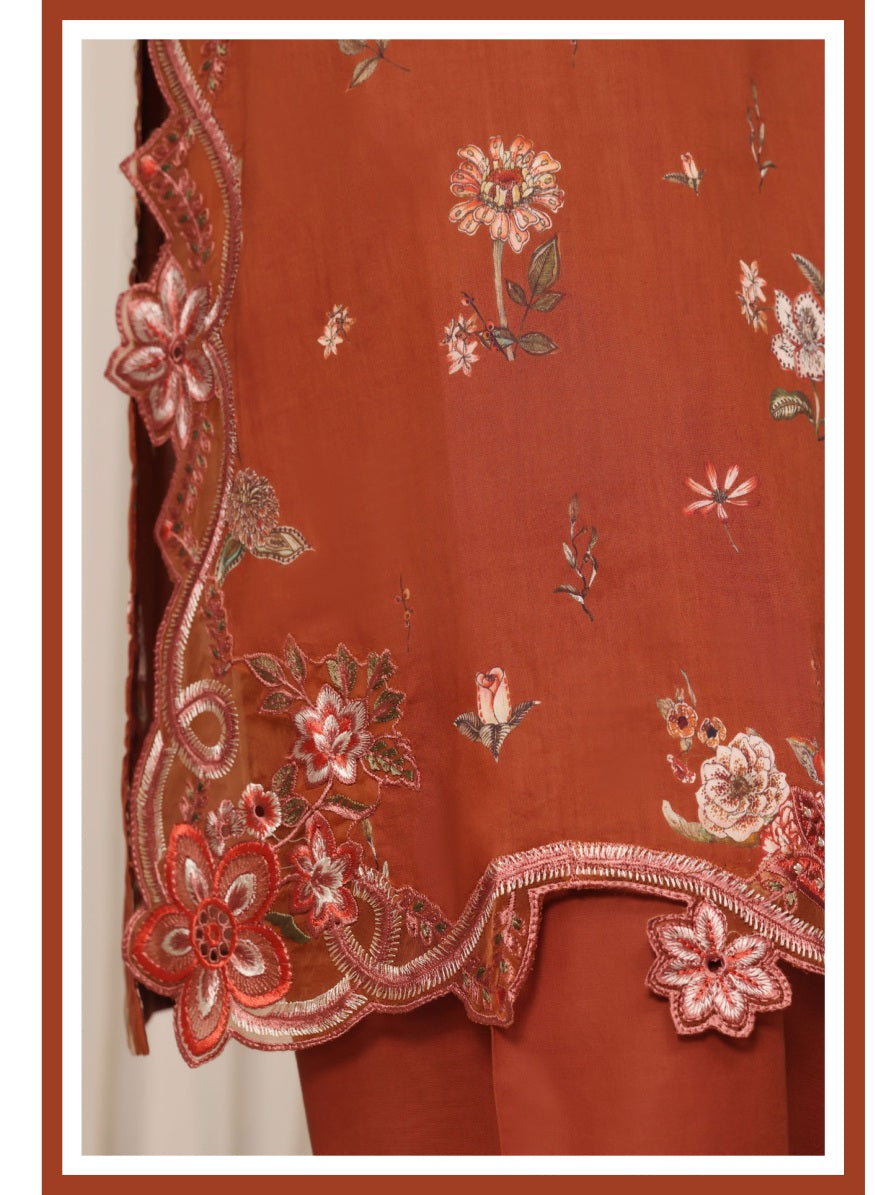 Sada Bahar Raya Rust stitched embroidered cotton suit — embroidery detail
