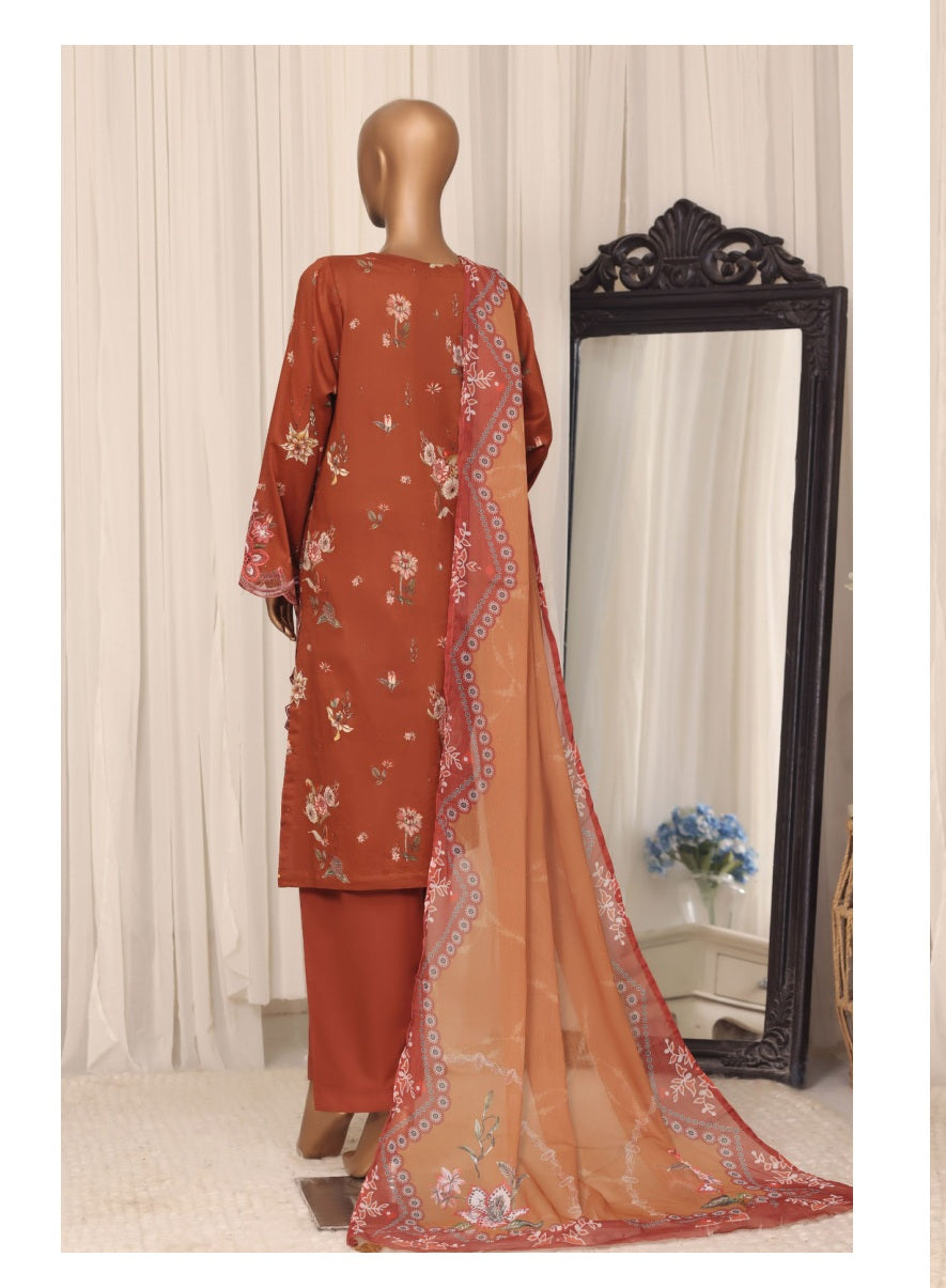 Sada Bahar Raya Rust stitched embroidered cotton suit — full outfit front view