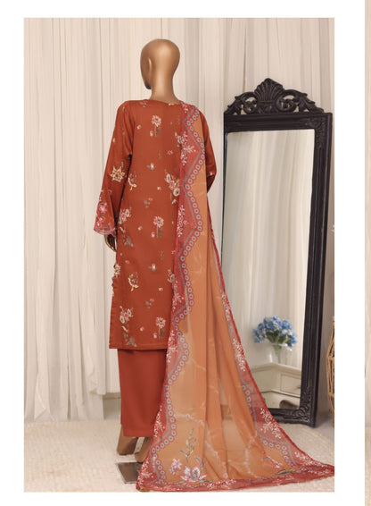 Sada Bahar Raya Rust stitched embroidered cotton suit — full outfit front view