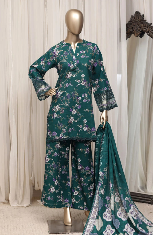 Sada Bahar Raya teal green floral embroidered khaddar suit front view