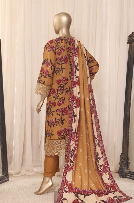 Back view of Sada Bahar Signature mustard yellow embroidered khaddar suit on mannequin