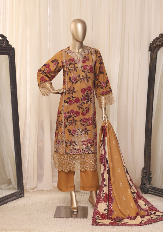 Sada Bahar Signature mustard yellow embroidered khaddar complete front outfit on mannequin
