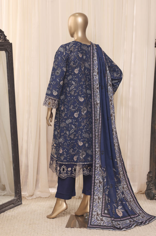 Back view of Sada Bahar Signature navy blue embroidered khaddar suit on mannequin