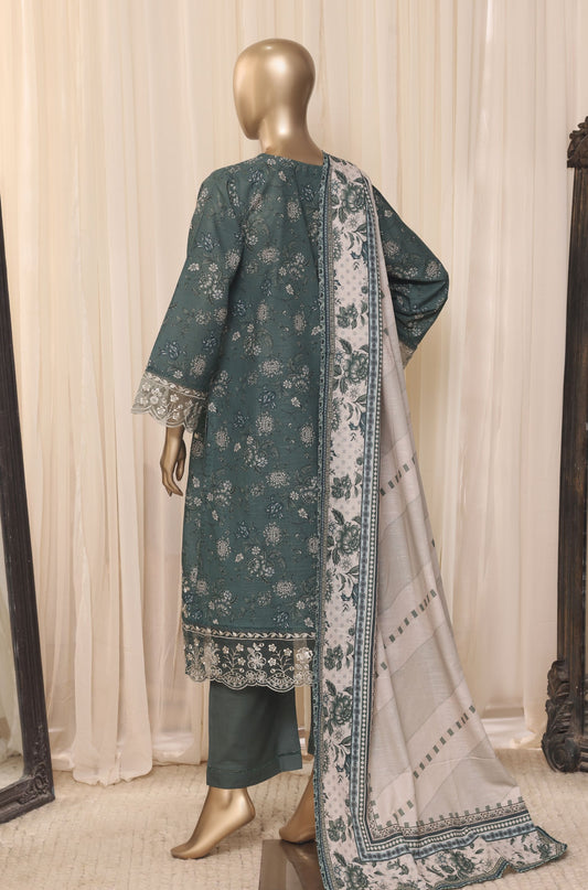 Back view of Sada Bahar Signature teal green embroidered khaddar suit on mannequin