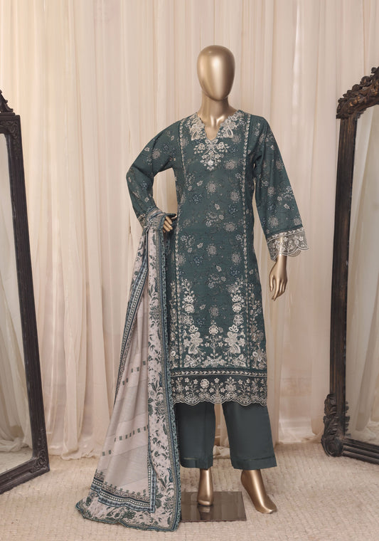 Sada Bahar Signature teal green embroidered khaddar complete front outfit on mannequin