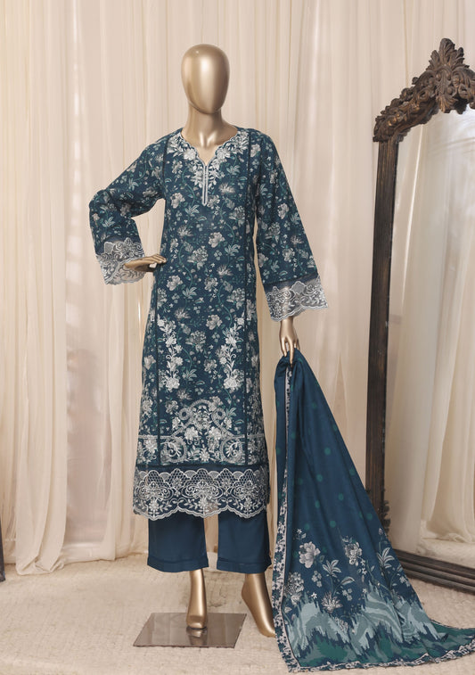 Sada Bahar Signature teal navy embroidered khaddar complete front outfit on mannequin