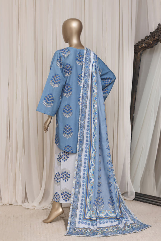 Full-length front view of Sadabahar light blue printed khaddar suit