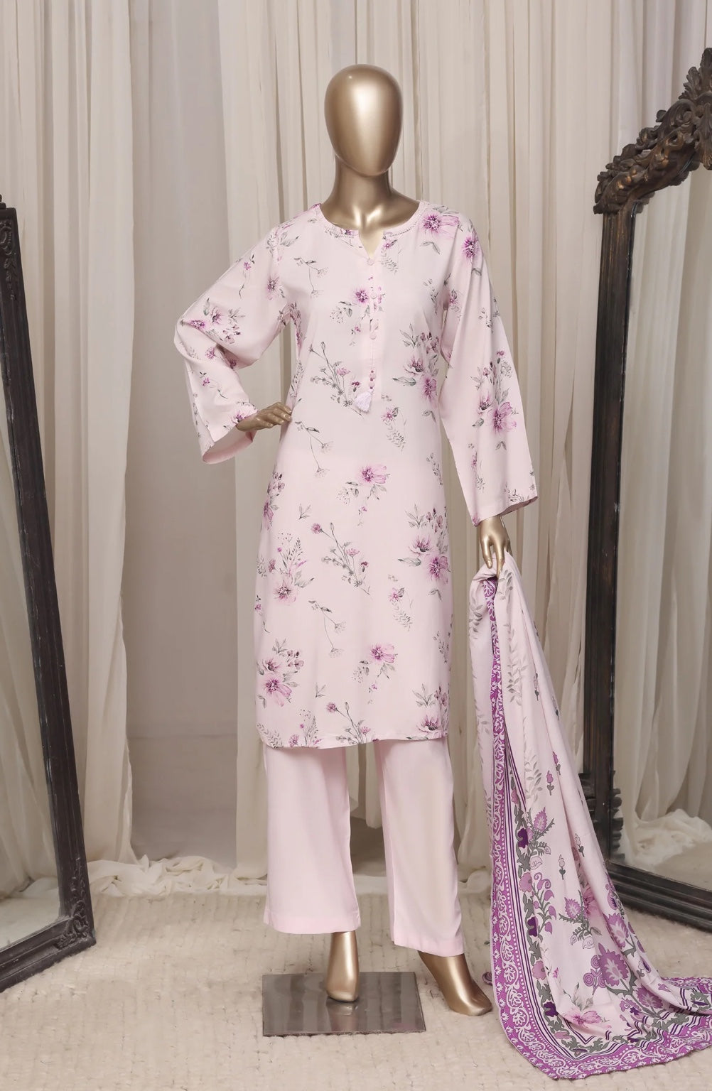 Sadabahar Light Pink printed linen stitched 3 piece suit - front view