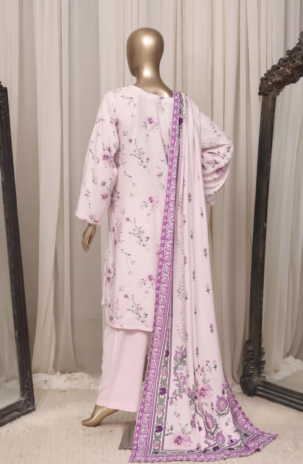 Sadabahar Light Pink printed linen stitched 3 piece suit - back view