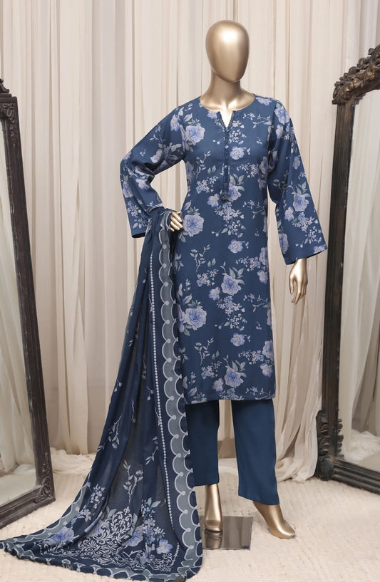 Sadabahar Navy Blue printed linen stitched 3 piece suit - front view
