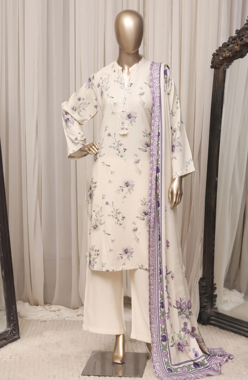 Sadabahar Off White printed linen stitched 3 piece suit - front view