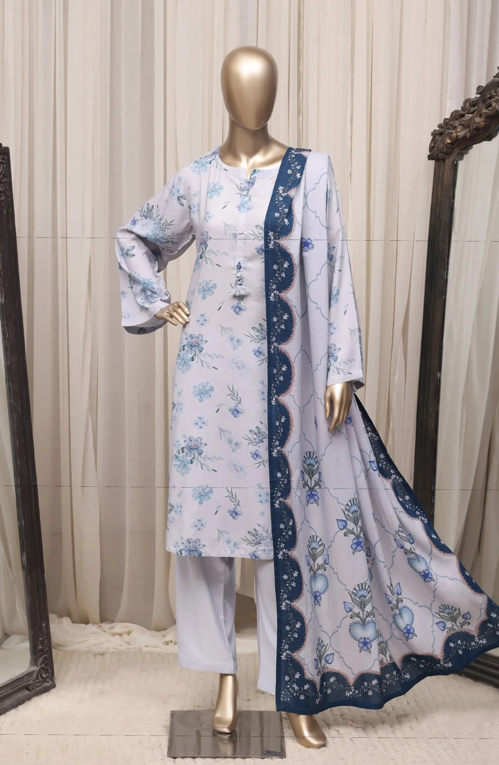 Sadabahar Black printed linen stitched 3 piece suit - front view