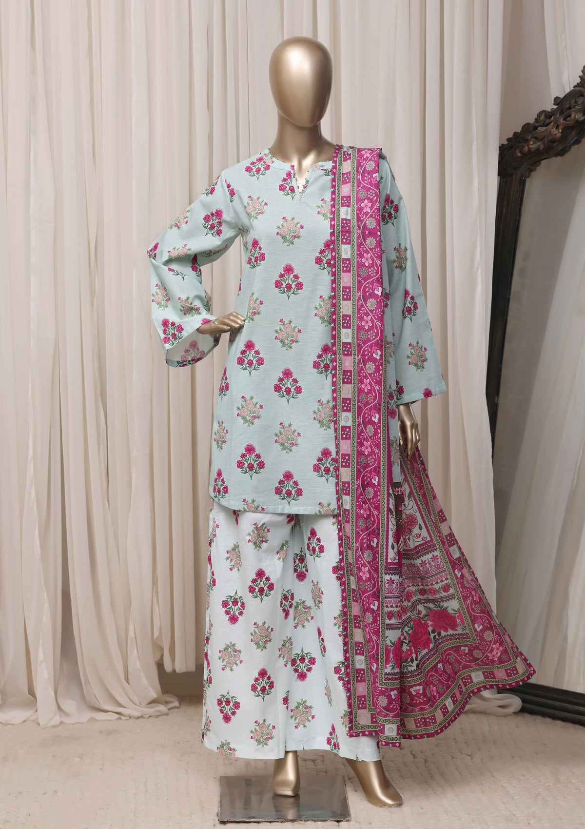 Full-length front view of mint green suit