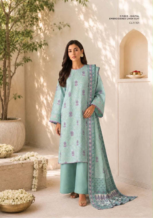 Sapphire 3 Piece Digital Printed Embroidered Linen Suit | CL11-101 - BarerahFabrics