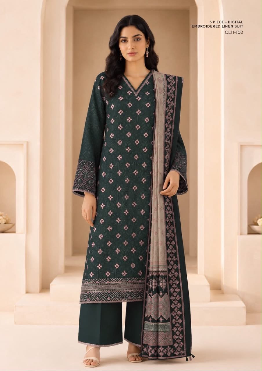 Sapphire 3 Piece Digital Printed Embroidered Linen Suit | CL11-102 - BarerahFabrics