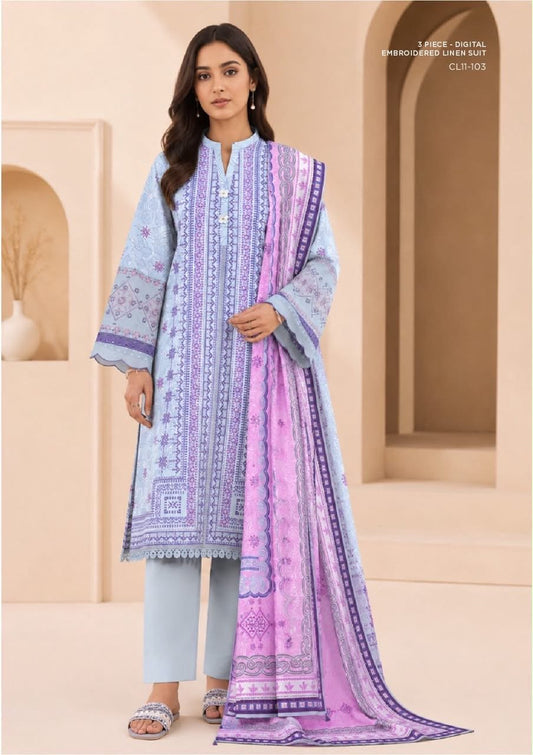 Sapphire 3 Piece Digital Printed Embroidered Linen Suit | CL11-103 - BarerahFabrics