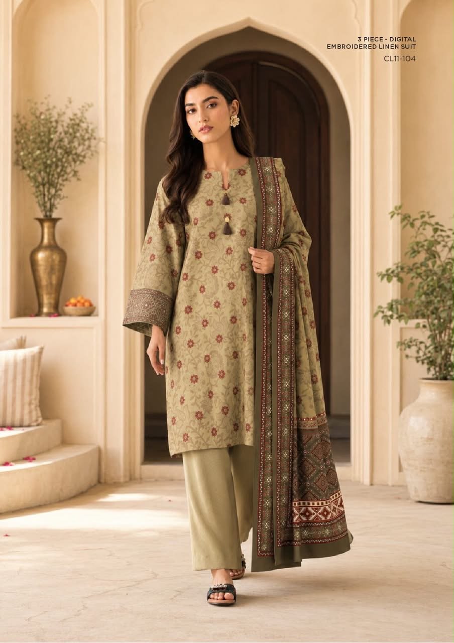 Sapphire 3 Piece Digital Printed Embroidered Linen Suit | CL11-104 - BarerahFabrics
