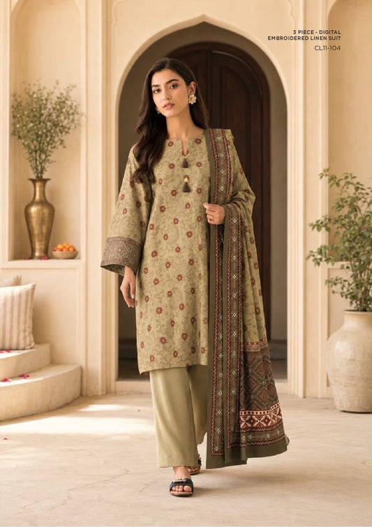 Sapphire 3 Piece Digital Printed Embroidered Linen Suit | CL11-104 - BarerahFabrics
