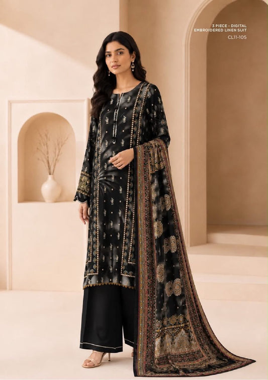 Sapphire 3 Piece Digital Printed Embroidered Linen Suit | CL11-105 - BarerahFabrics