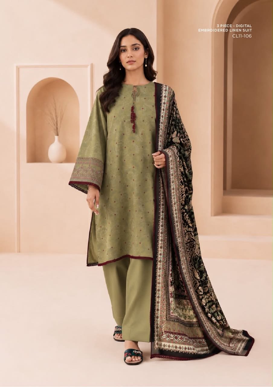 Sapphire 3 Piece Digital Printed Embroidered Linen Suit | CL11-106 - BarerahFabrics