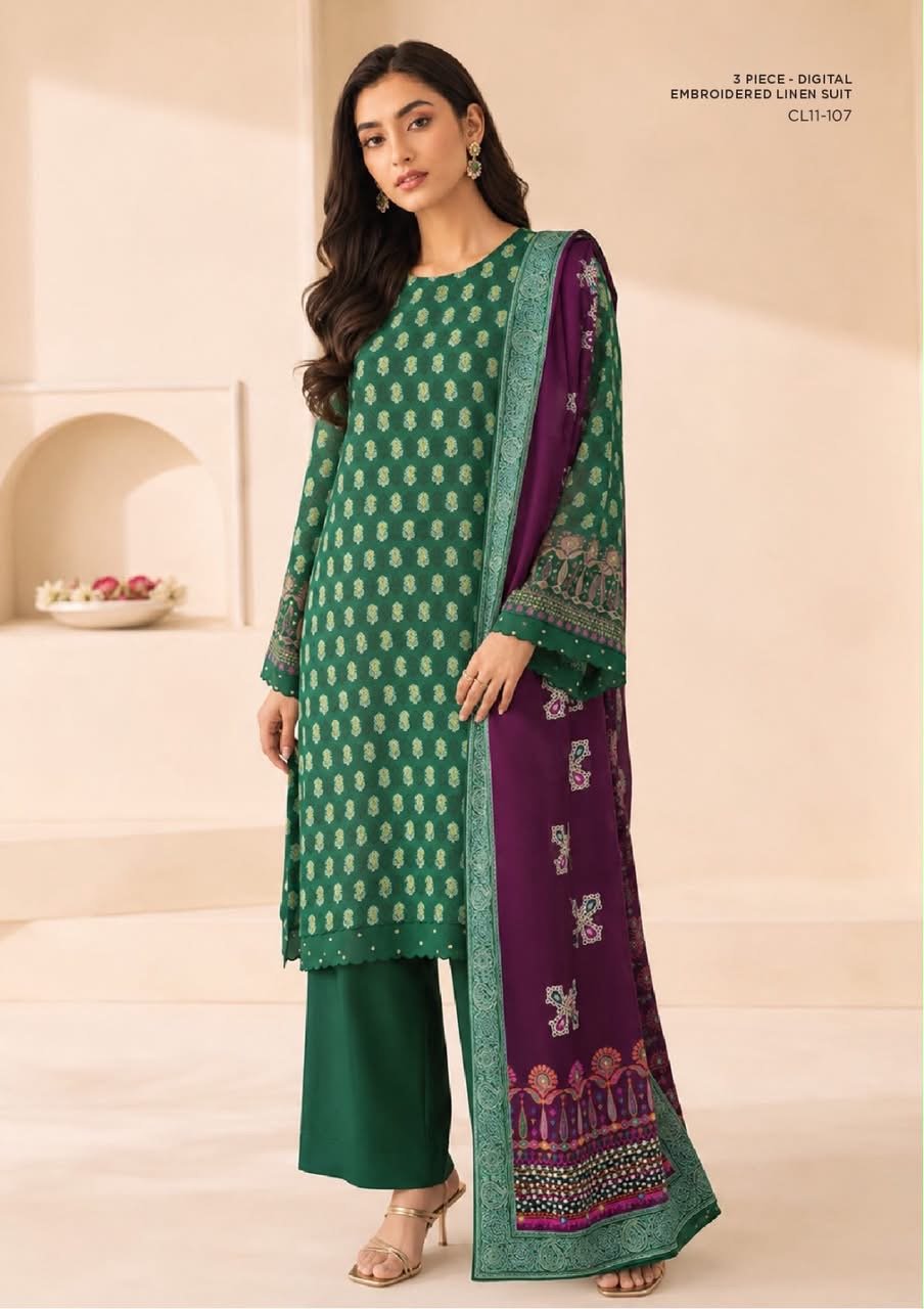 Sapphire 3 Piece Digital Printed Embroidered Linen Suit | CL11-107 - BarerahFabrics