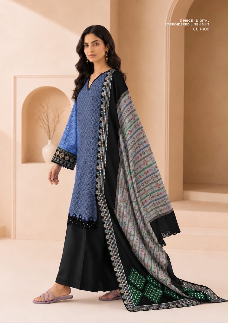 Sapphire 3 Piece Digital Printed Embroidered Linen Suit | CL11-108 - BarerahFabrics