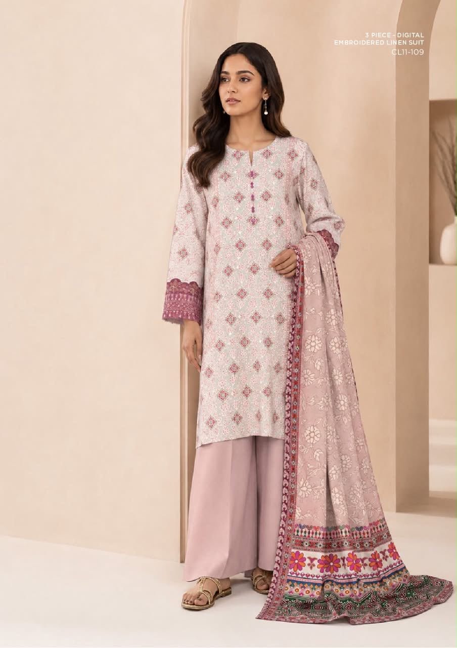 Sapphire 3 Piece Digital Printed Embroidered Linen Suit | CL11-109 - BarerahFabrics