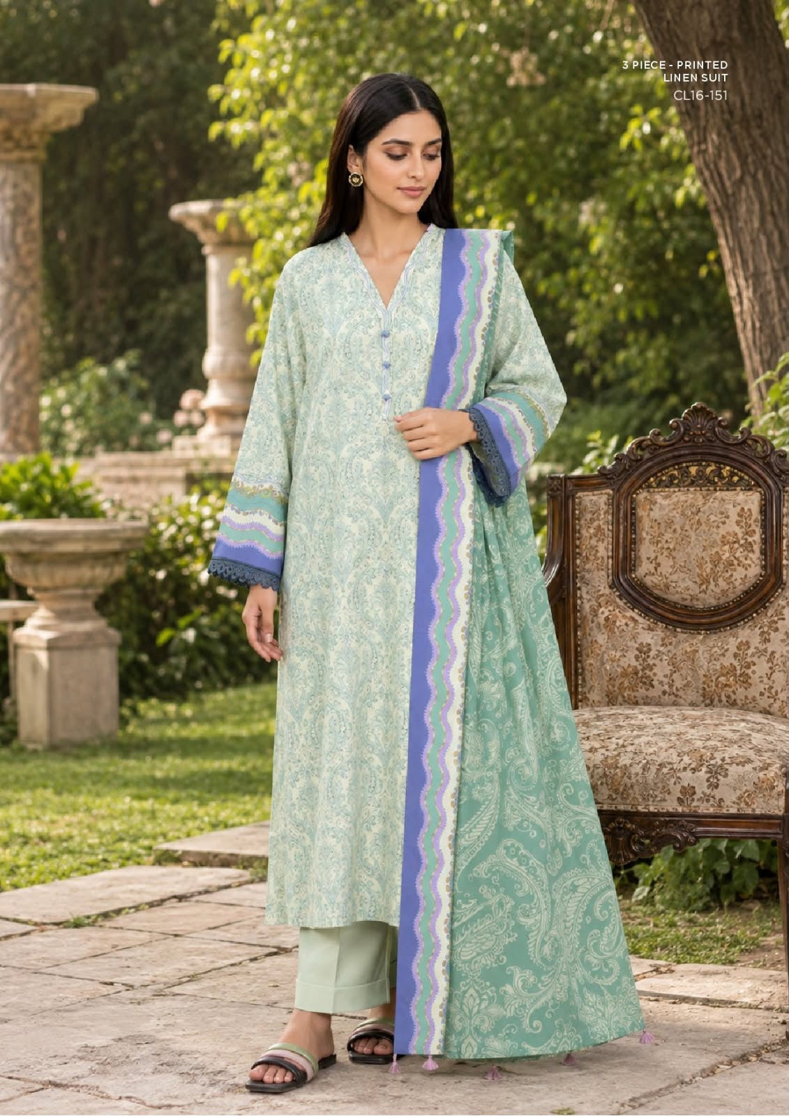 SAPPHIRE unstitched printed linen suit CL16-151, Mint Blue