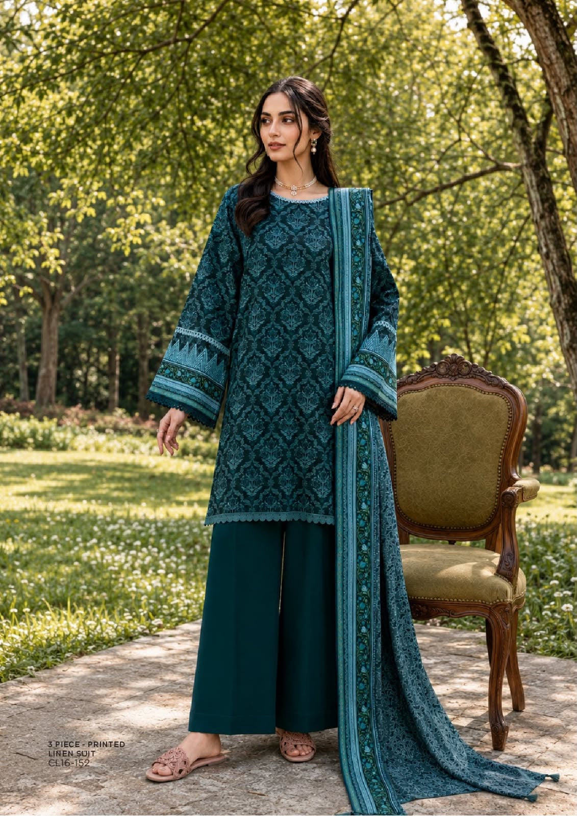 SAPPHIRE unstitched printed linen suit CL16-152, Deep Teal