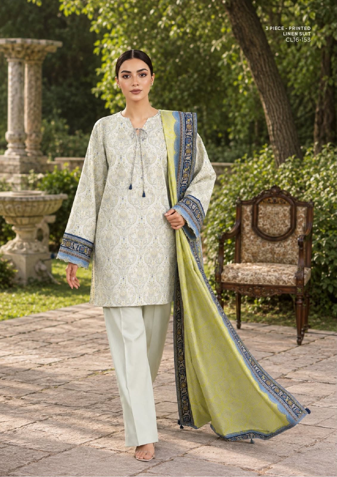 SAPPHIRE unstitched printed linen suit CL16-153, Ivory Lime