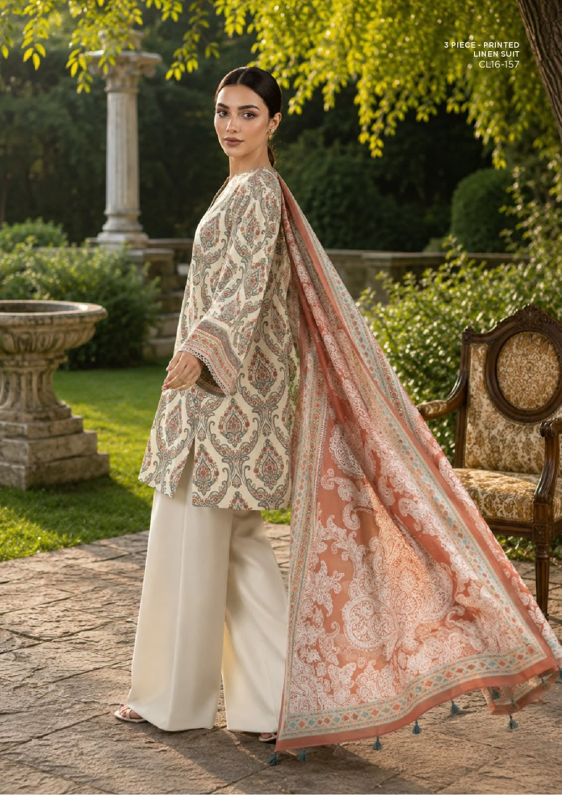 SAPPHIRE unstitched printed linen suit CL16-157, Ivory Coral