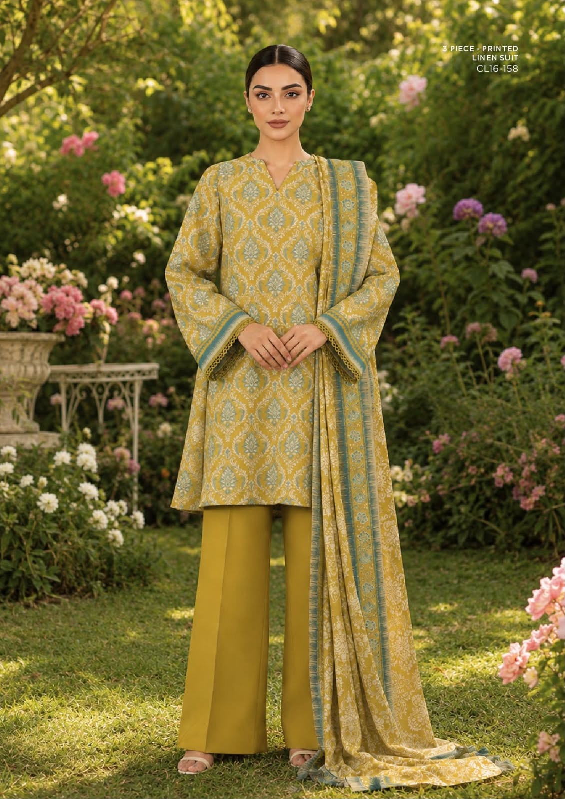 SAPPHIRE unstitched printed linen suit CL16-158, Mustard Teal