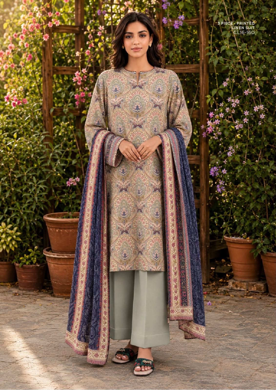 SAPPHIRE unstitched printed linen suit CL16-160, Multicolor Beige