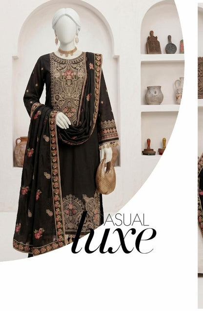 Al Boutique Centre | Panna | Unstitched Heavy Embroidered 3Pc Fancy Marina Dhanak With Shawl | Volume 04 - Black image 1