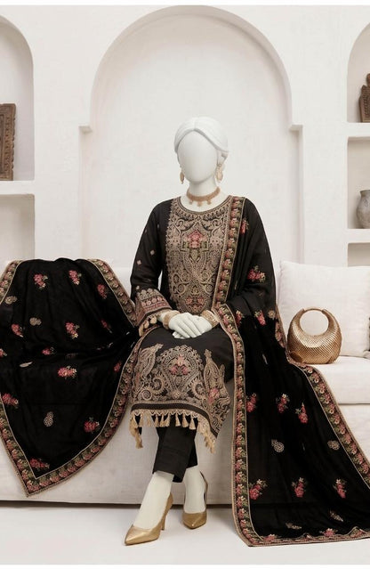 Al Boutique Centre | Panna | Unstitched Heavy Embroidered 3Pc Fancy Marina Dhanak With Shawl | Volume 04 - Black image 2