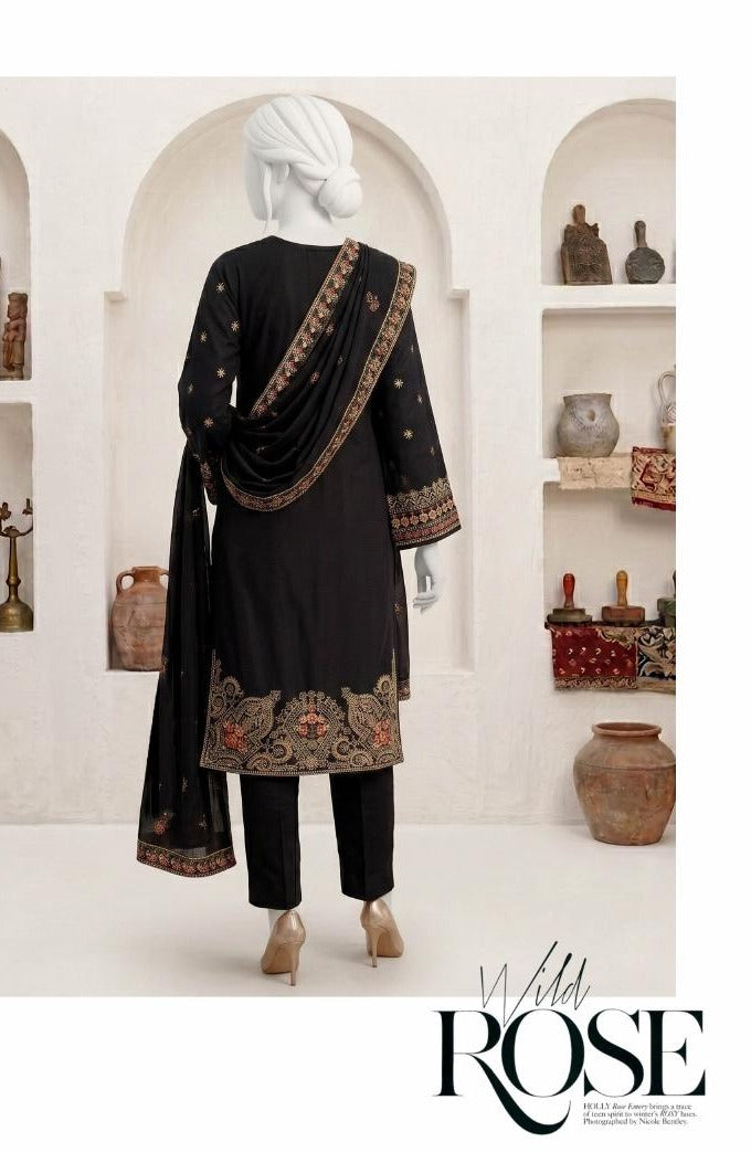 Al Boutique Centre | Panna | Unstitched Heavy Embroidered 3Pc Fancy Marina Dhanak With Shawl | Volume 04 - Black image 3