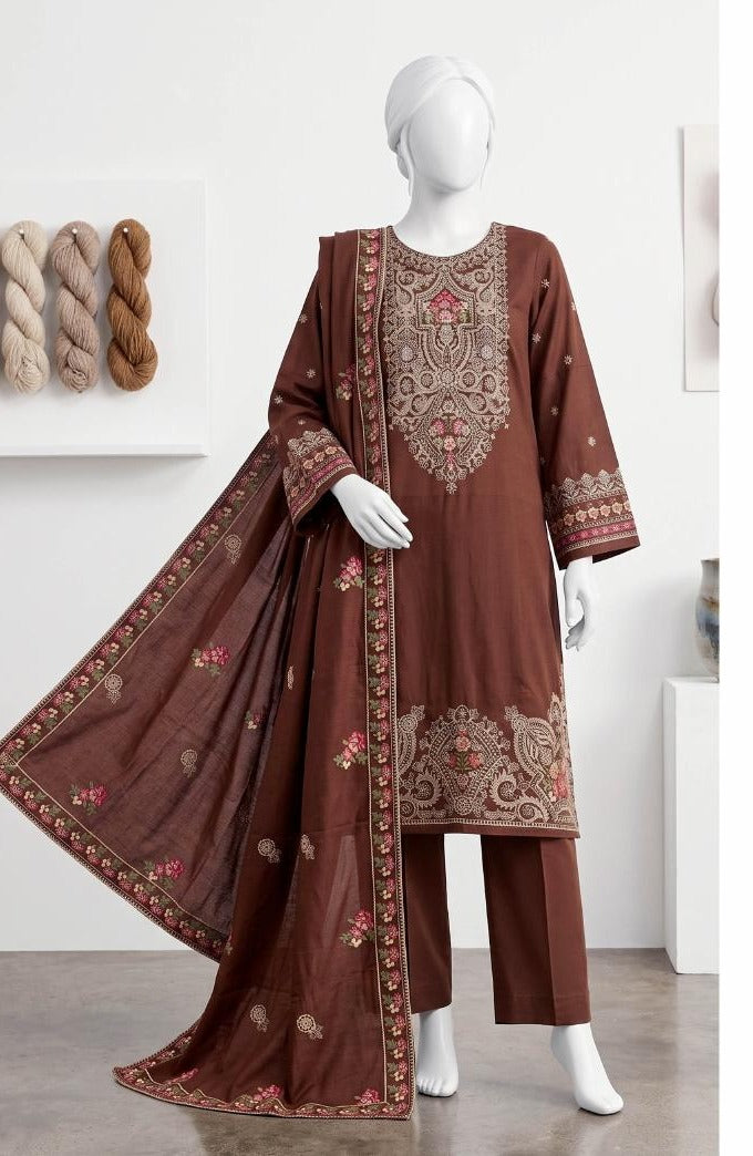 Al Boutique Centre | Panna | Unstitched Heavy Embroidered 3Pc Fancy Marina Dhanak With Shawl | Volume 04 - Brown image 1