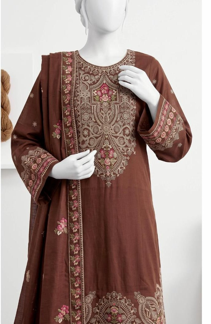 Al Boutique Centre | Panna | Unstitched Heavy Embroidered 3Pc Fancy Marina Dhanak With Shawl | Volume 04 - Brown image 3