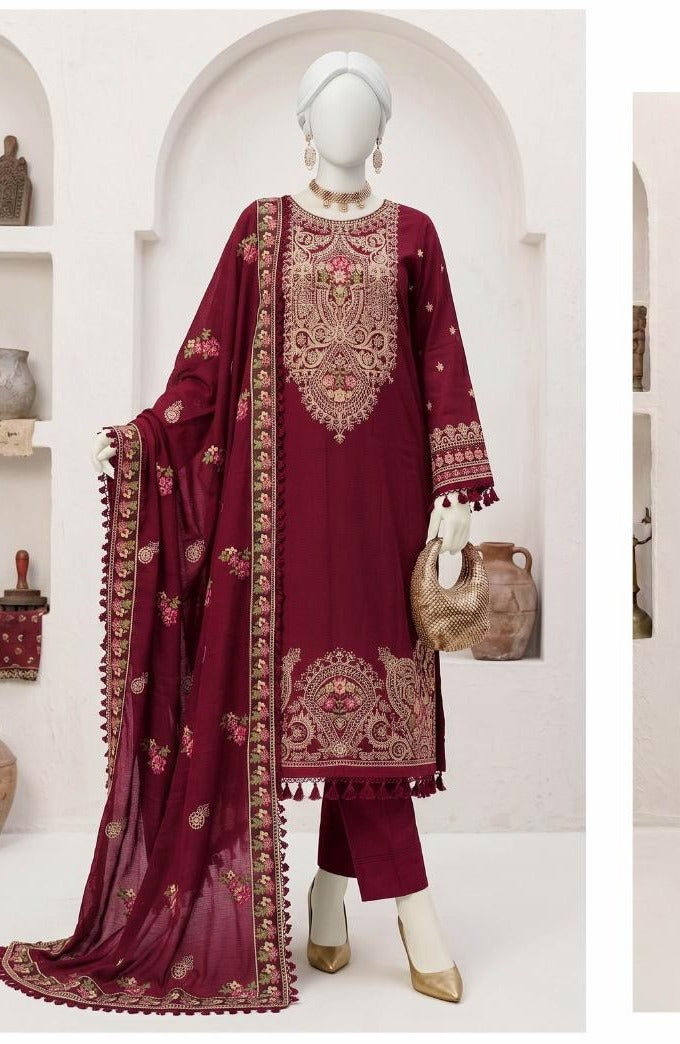 Al Boutique Centre | Panna | Unstitched Heavy Embroidered 3Pc Fancy Marina Dhanak With Shawl | Volume 04 - Maroon image 1