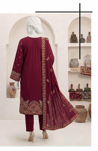 Al Boutique Centre | Panna | Unstitched Heavy Embroidered 3Pc Fancy Marina Dhanak With Shawl | Volume 04 - Maroon image 2