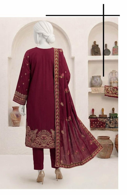 Al Boutique Centre | Panna | Unstitched Heavy Embroidered 3Pc Fancy Marina Dhanak With Shawl | Volume 04 - Maroon image 2