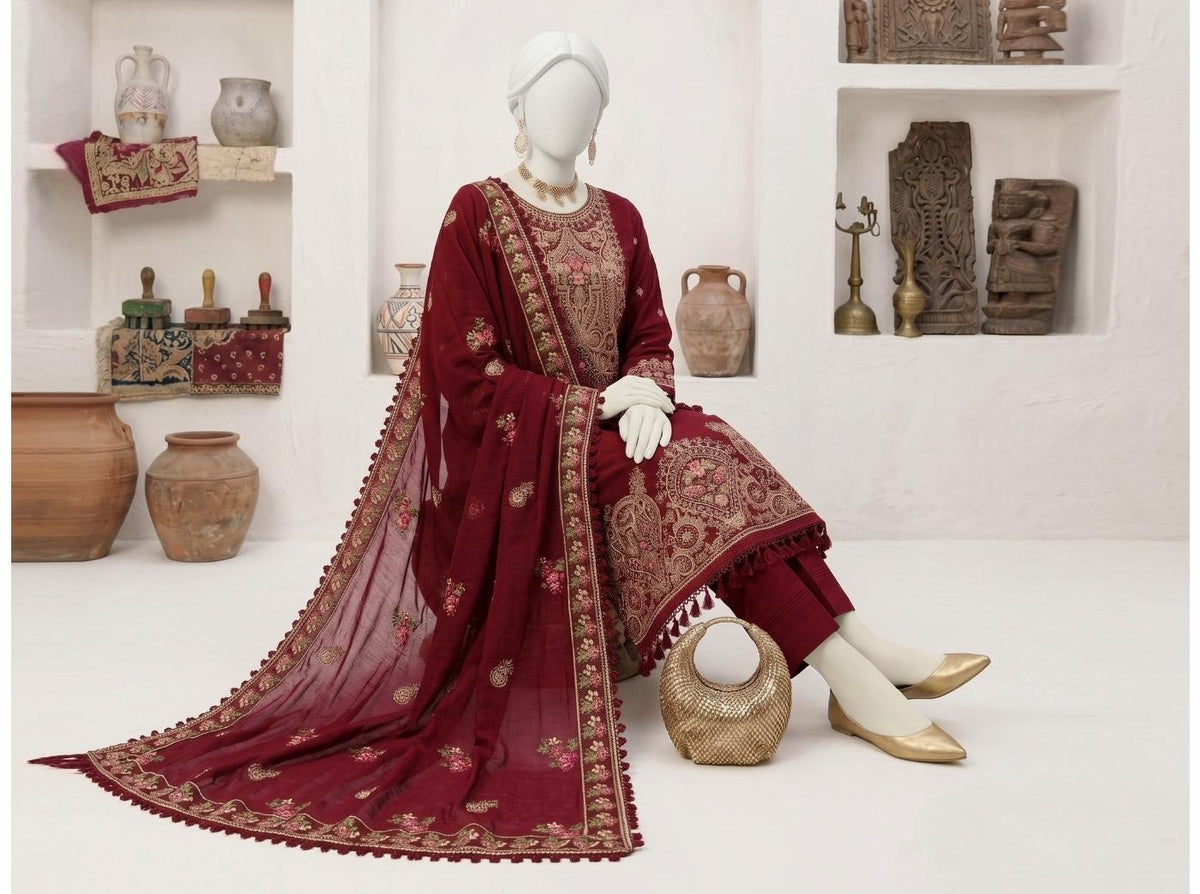 Al Boutique Centre | Panna | Unstitched Heavy Embroidered 3Pc Fancy Marina Dhanak With Shawl | Volume 04 - Maroon image 3